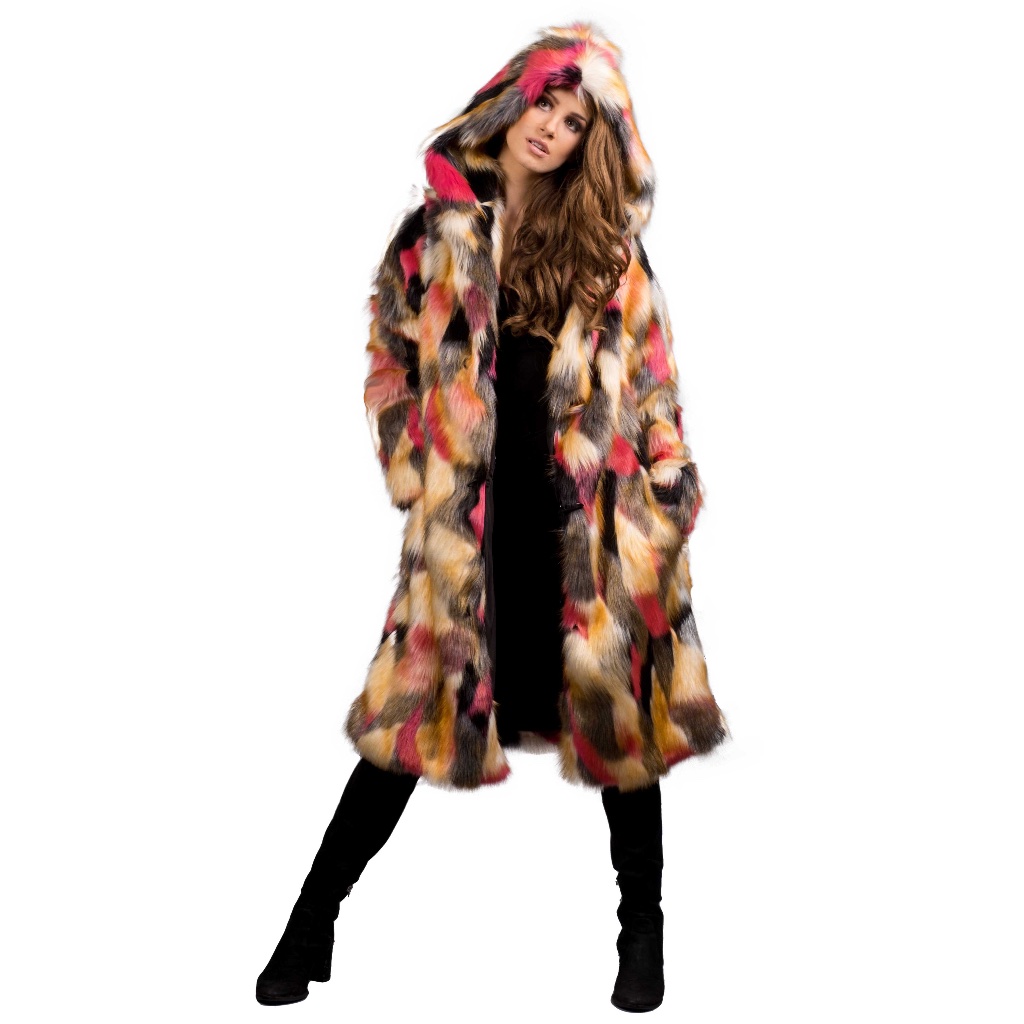 Furrocious Furr Women Multi Color Faux Fur Coat For Festivals, Burning Man